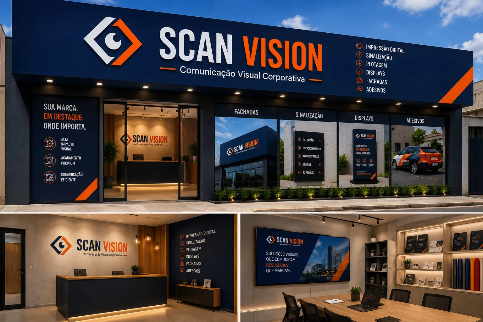 Fachada e ambientes internos com a identidade Scan Vision