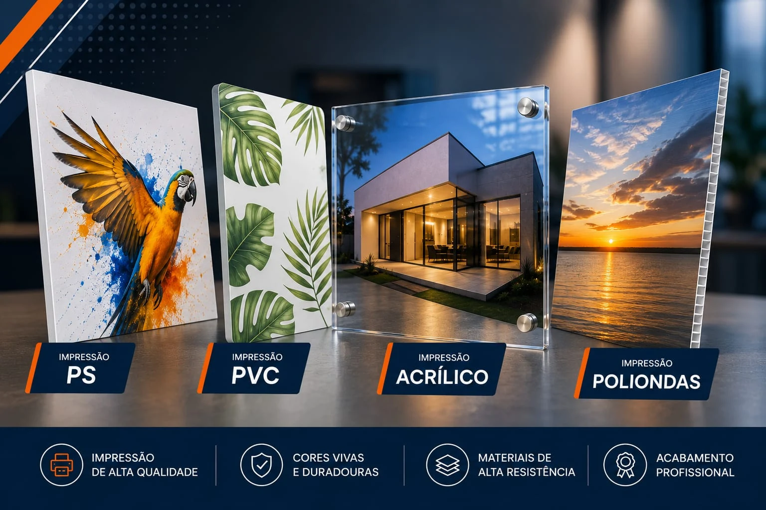 Placas impressas em PS, PVC, acrílico e poliondas